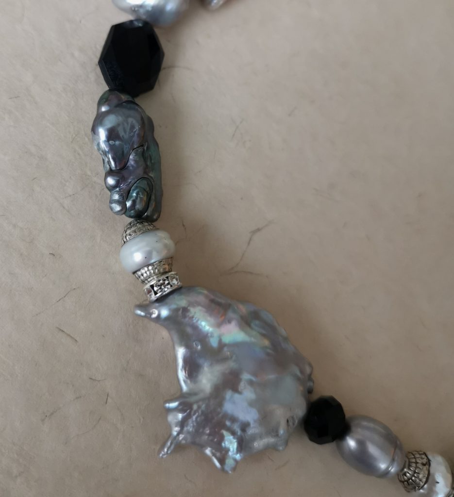 Baroque and grey pearls with black faceted beads